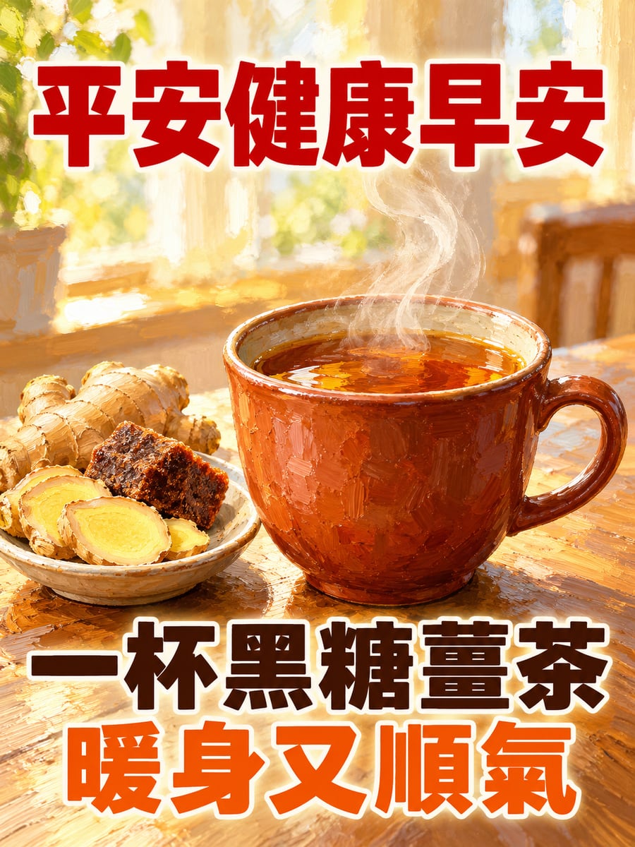 黑糖薑茶。圖中文字：平安健康早安，一杯黑糖薑茶，暖身又順氣