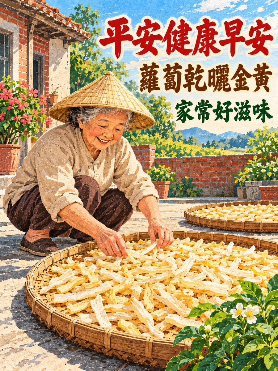 曬蘿蔔乾。圖中文字：平安健康早安，蘿蔔乾曬金黃，家常好滋味