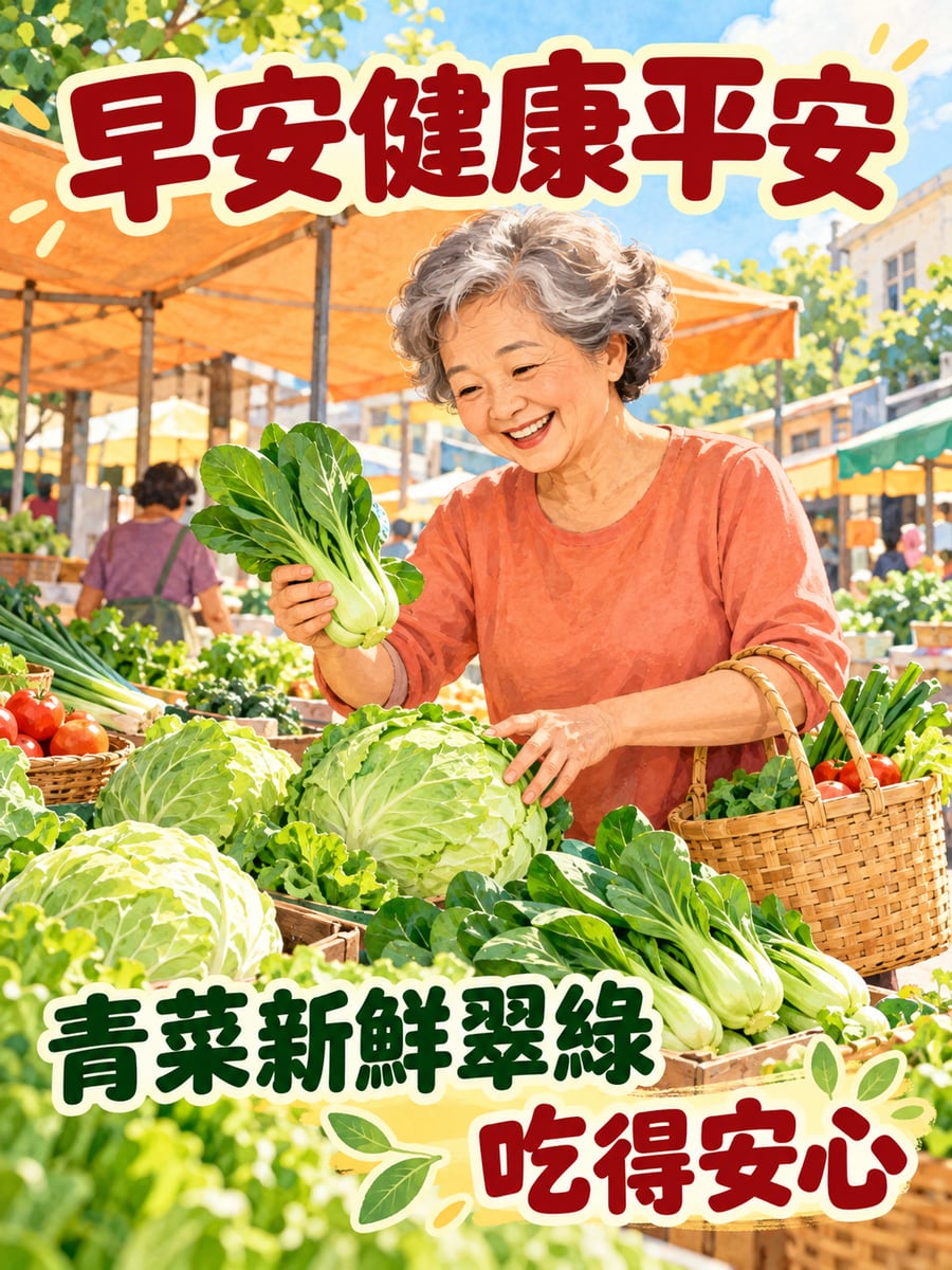 早市挑青菜。圖中文字：早安健康平安，青菜新鮮翠綠，吃得安心