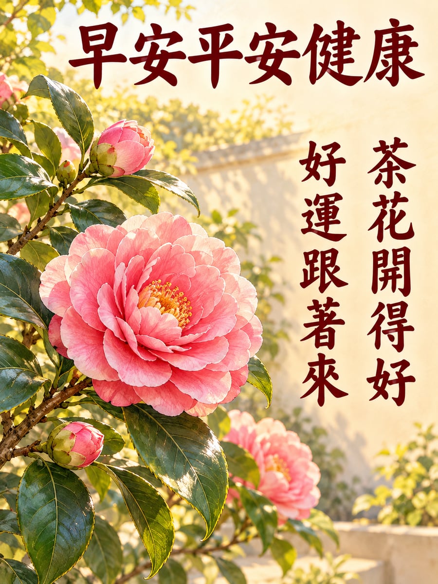 粉紅茶花。圖中文字：早安平安健康，茶花開得好，好運跟著來