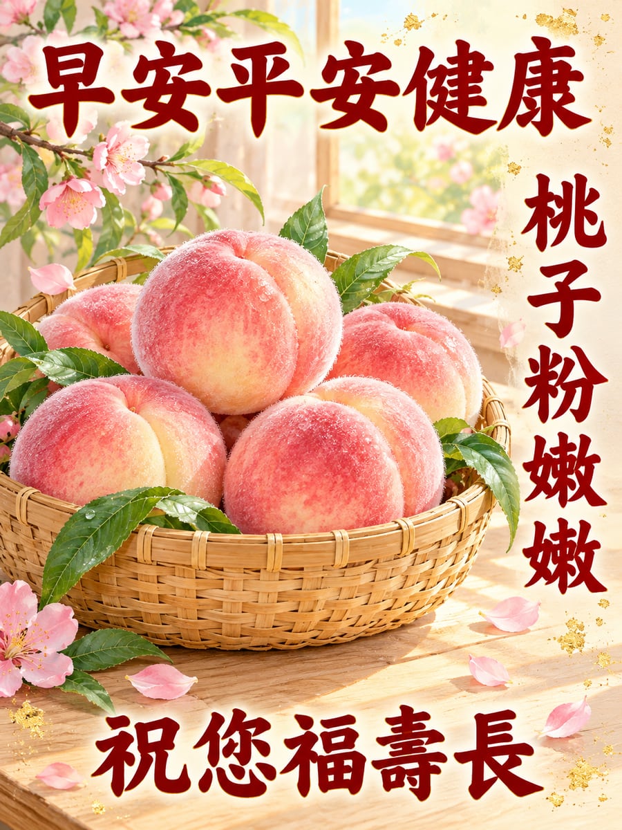 一籃水蜜桃。圖中文字：早安平安健康，桃子粉嫩嫩，祝您福壽長