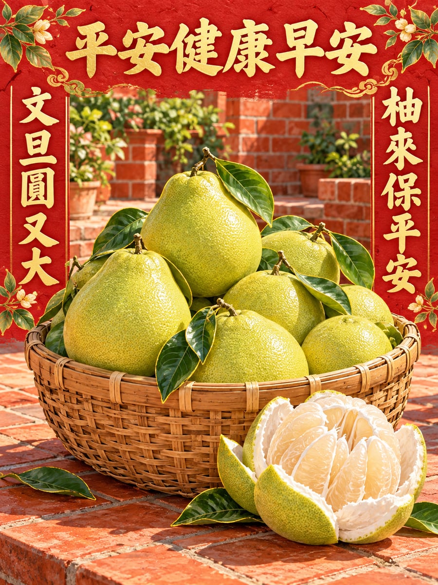 一籃文旦。圖中文字：平安健康早安，文旦圓又大，柚來保平安