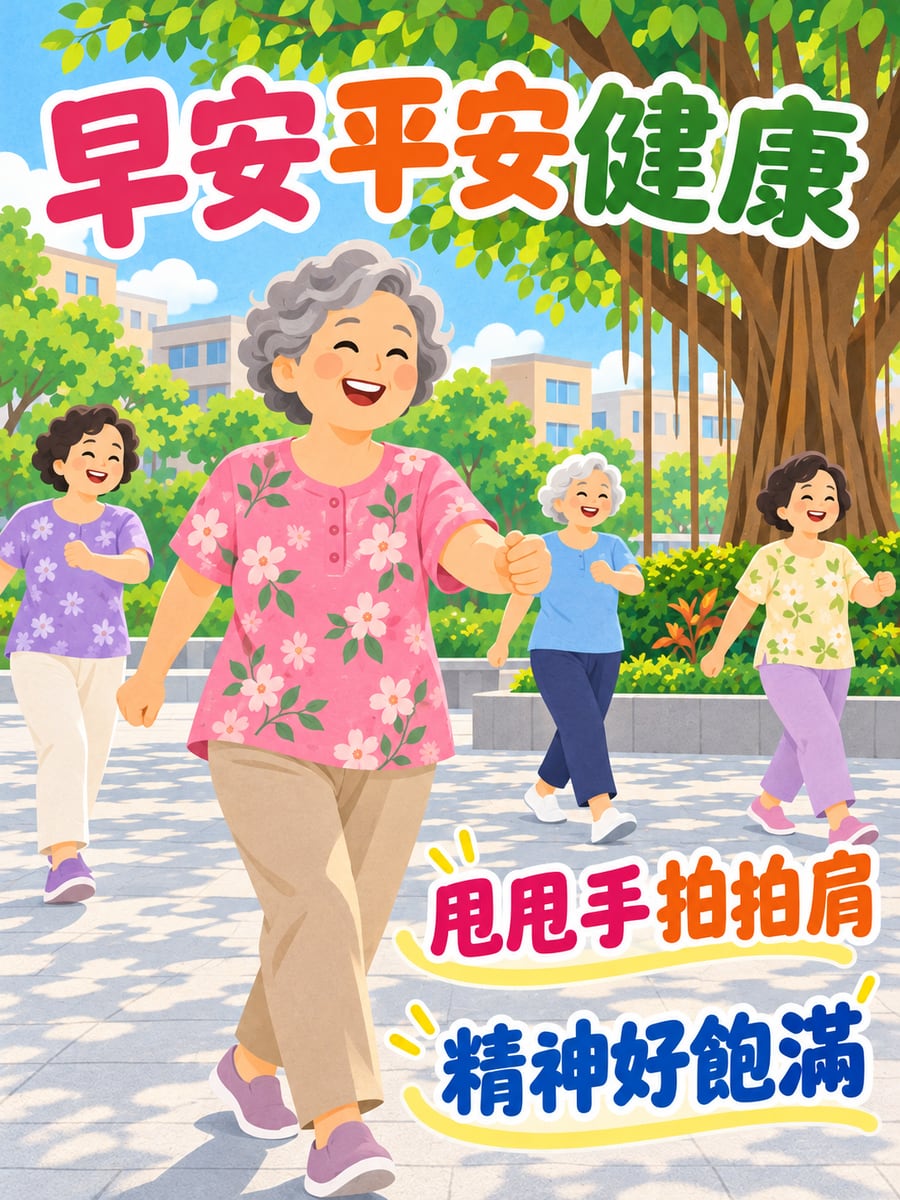 阿嬤甩手功。圖中文字：早安平安健康，甩甩手拍拍肩，精神好飽滿