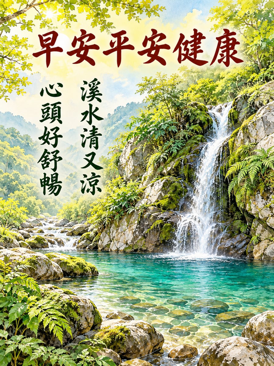 溪谷小瀑布。圖中文字：早安平安健康，溪水清又涼，心頭好舒暢