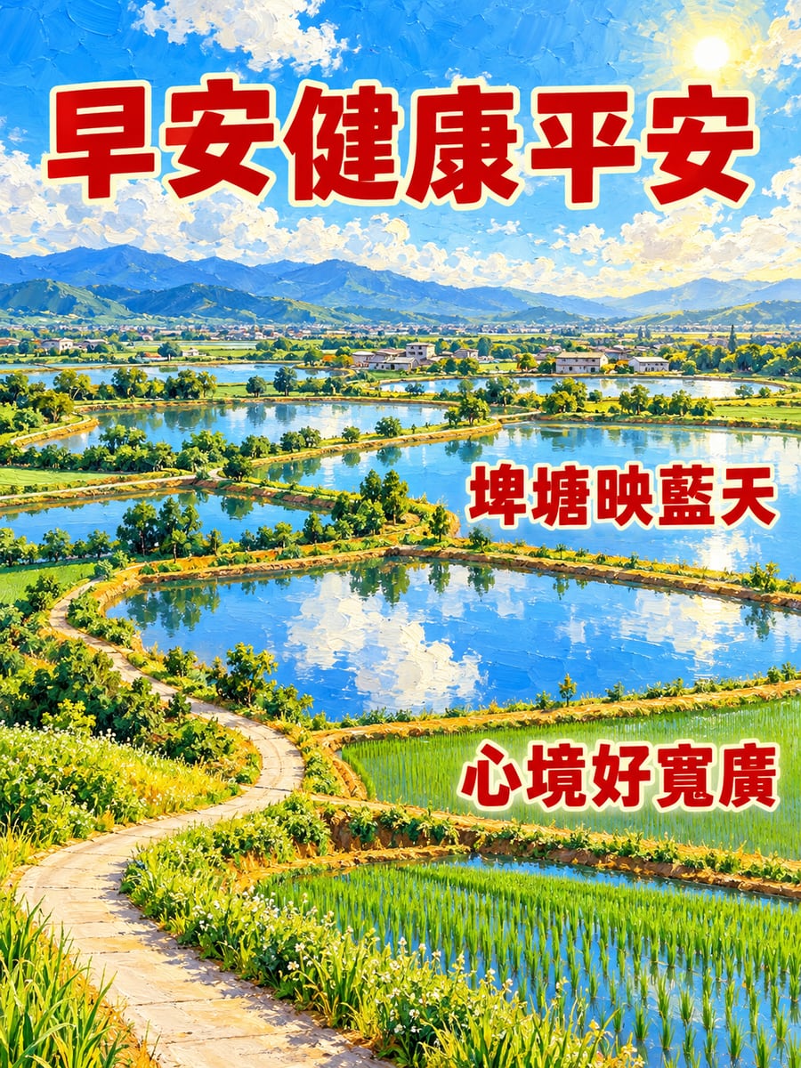 埤塘映藍天。圖中文字：早安健康平安，埤塘映藍天，心境好寬廣