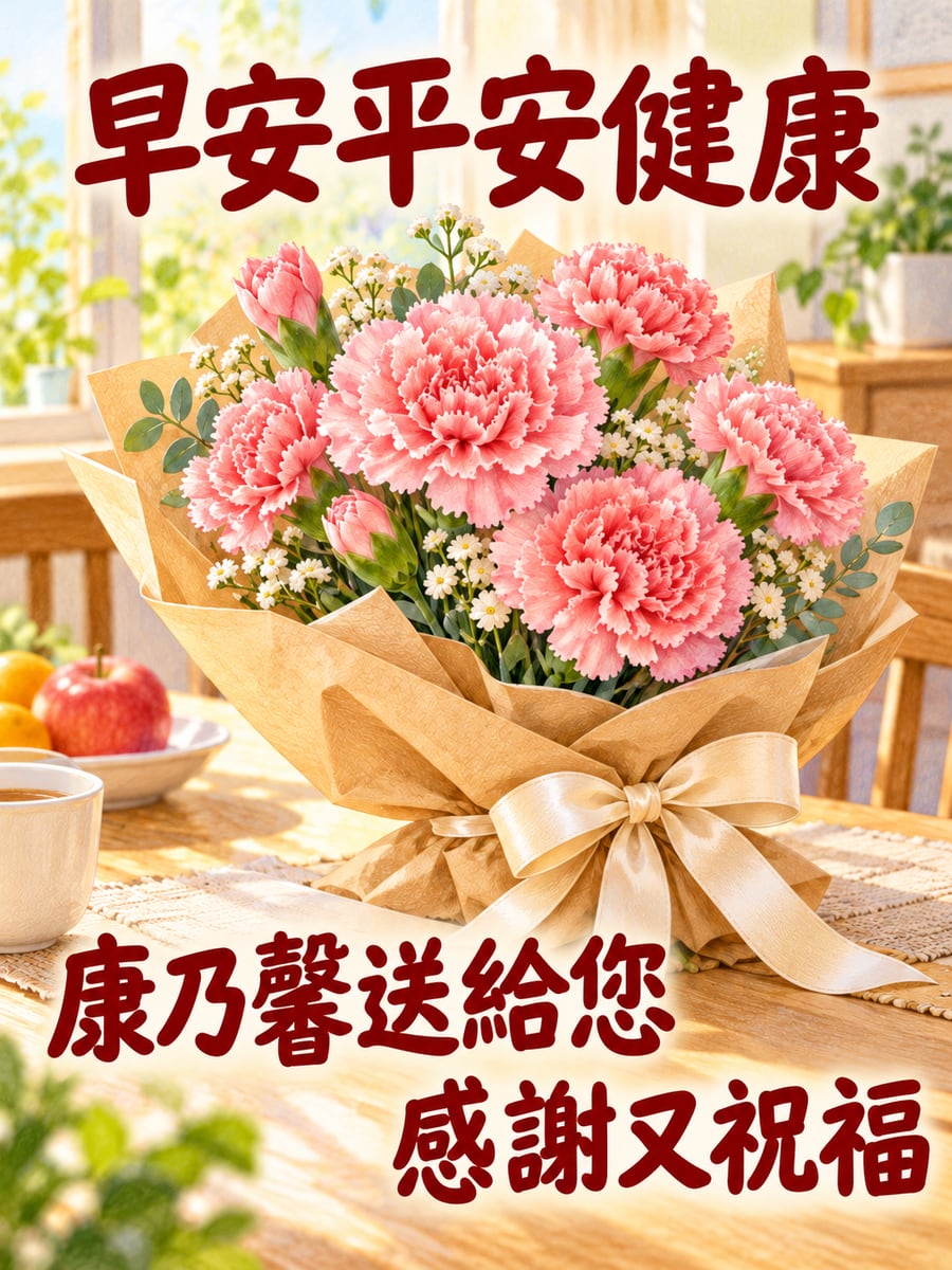 粉紅康乃馨。圖中文字：早安平安健康，康乃馨送給您，感謝又祝福