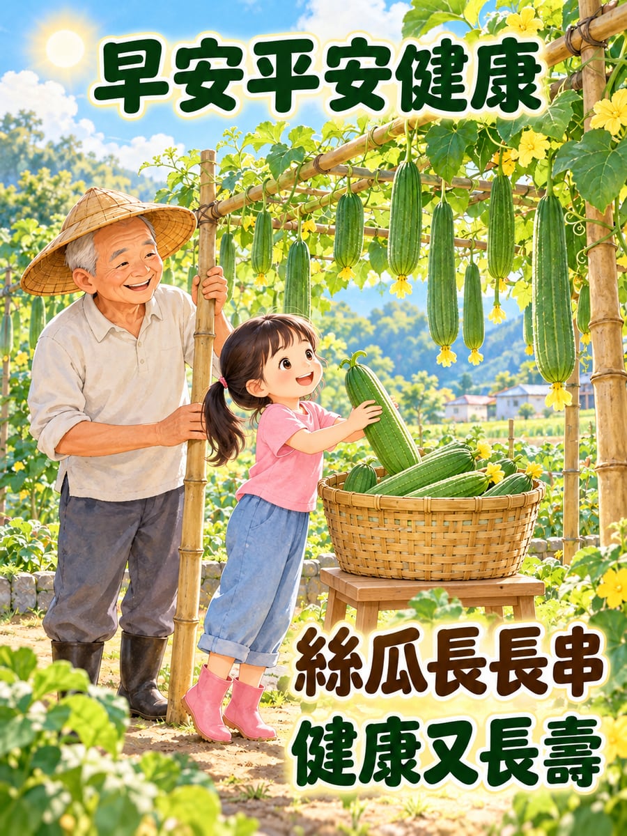 祖孫摘絲瓜。圖中文字：早安平安健康，絲瓜長長串，健康又長壽