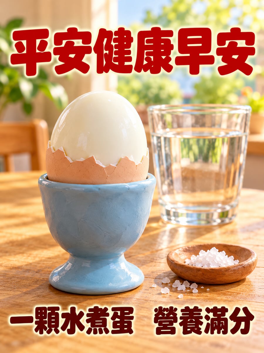 一顆水煮蛋。圖中文字：平安健康早安，一顆水煮蛋，營養滿分