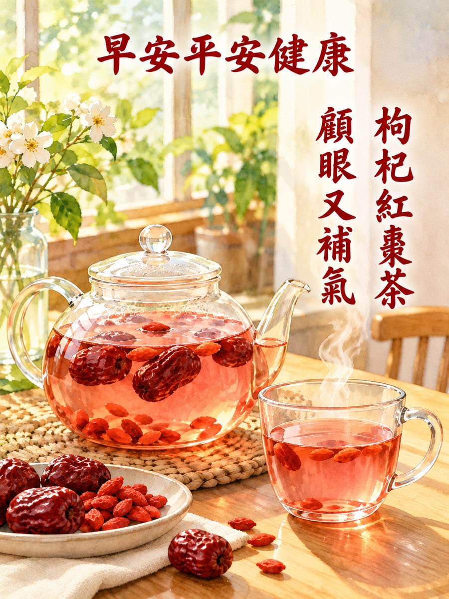 枸杞紅棗茶。圖中文字：早安平安健康，枸杞紅棗茶，顧眼又補氣