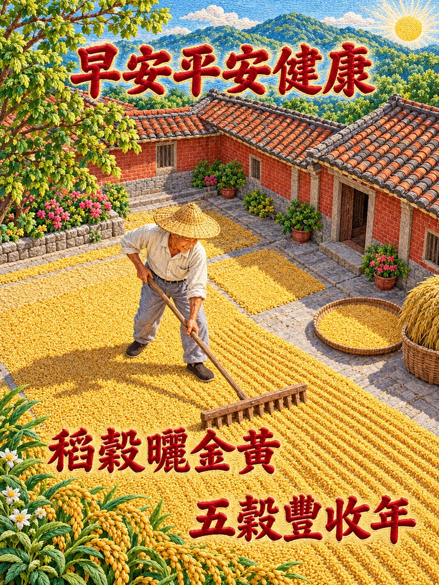 曬金黃稻穀。圖中文字：早安平安健康，稻穀曬金黃，五穀豐收年
