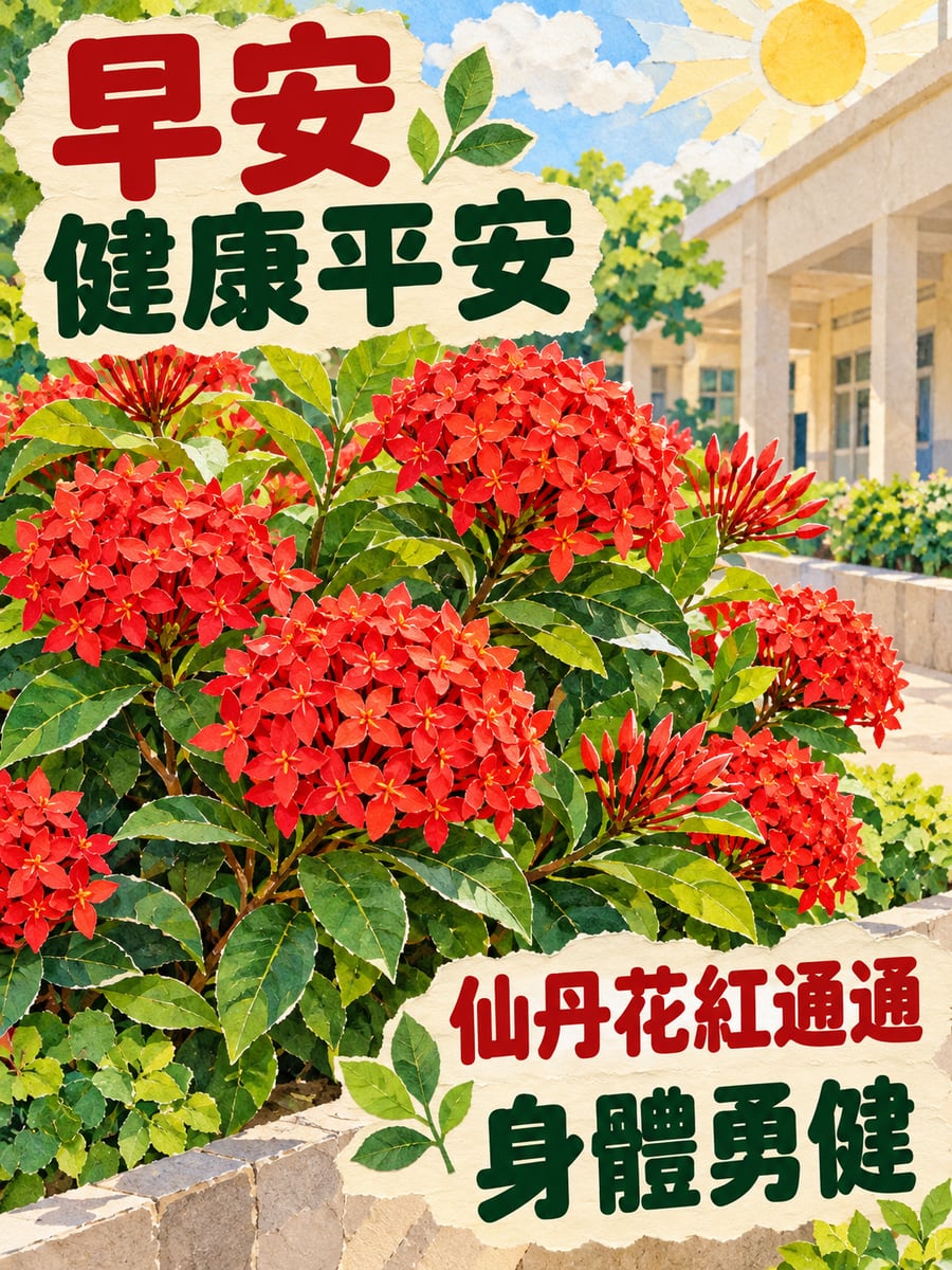 仙丹花。圖中文字：早安健康平安，仙丹花紅通通，身體勇健