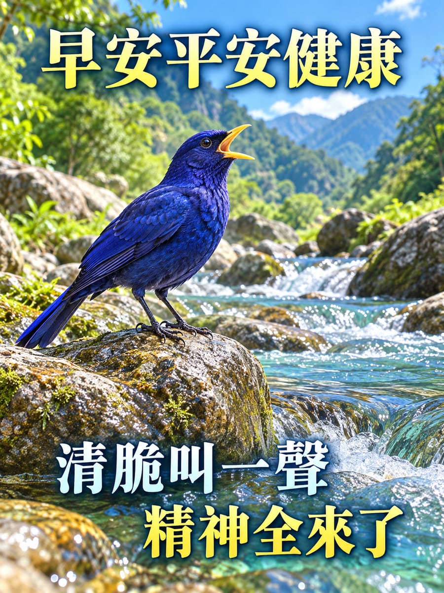 溪石上的紫嘯鶇。圖中文字：早安平安健康，清脆叫一聲，精神全來了