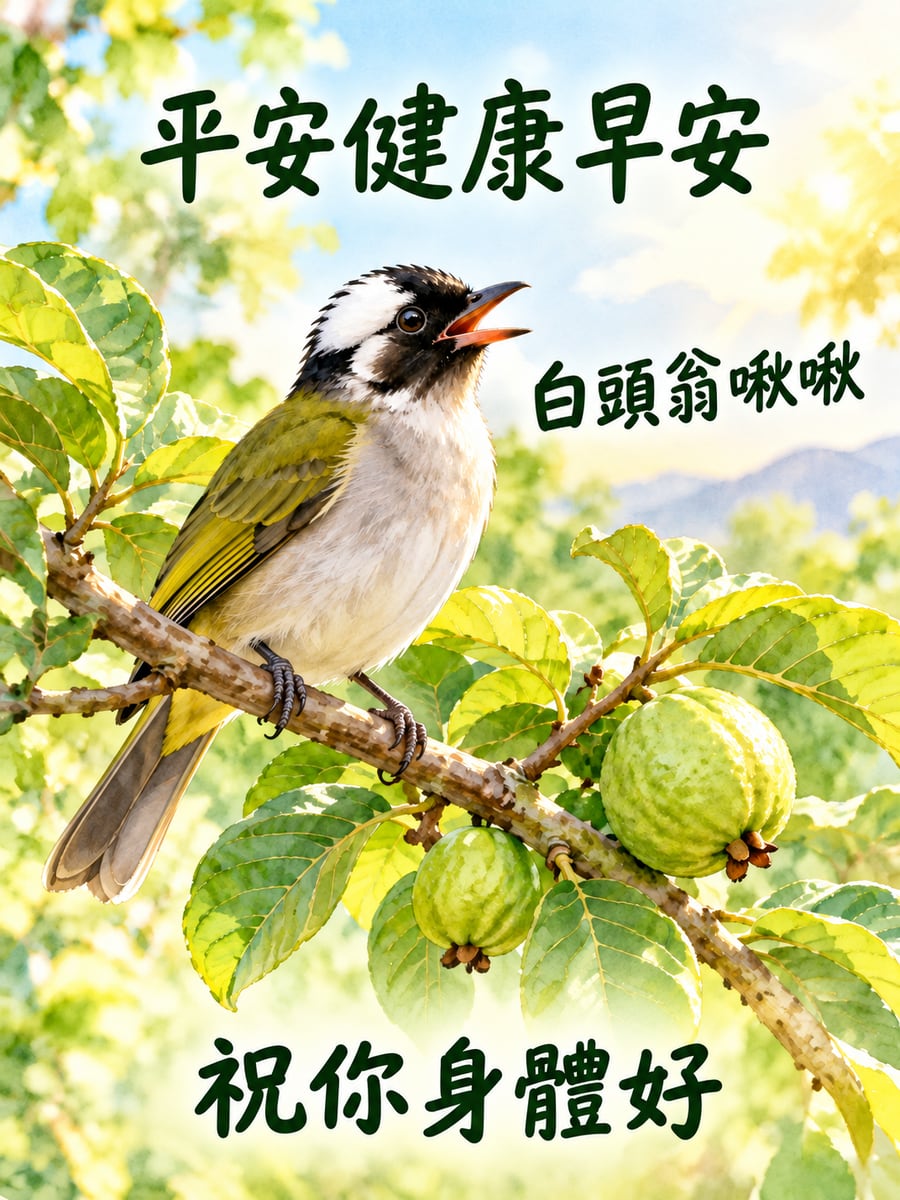 白頭翁啾啾。圖中文字：平安健康早安，白頭翁啾啾，祝你身體好