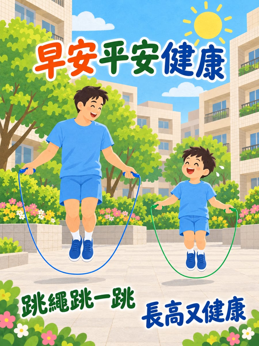 爸爸教兒子跳繩。圖中文字：早安平安健康，跳繩跳一跳，長高又健康
