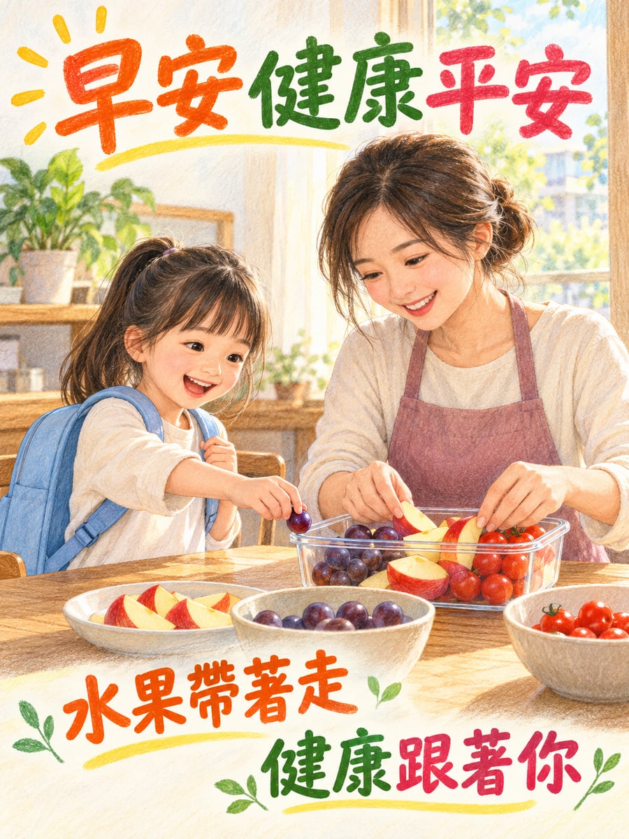 媽媽裝水果盒。圖中文字：早安健康平安，水果帶著走，健康跟著你