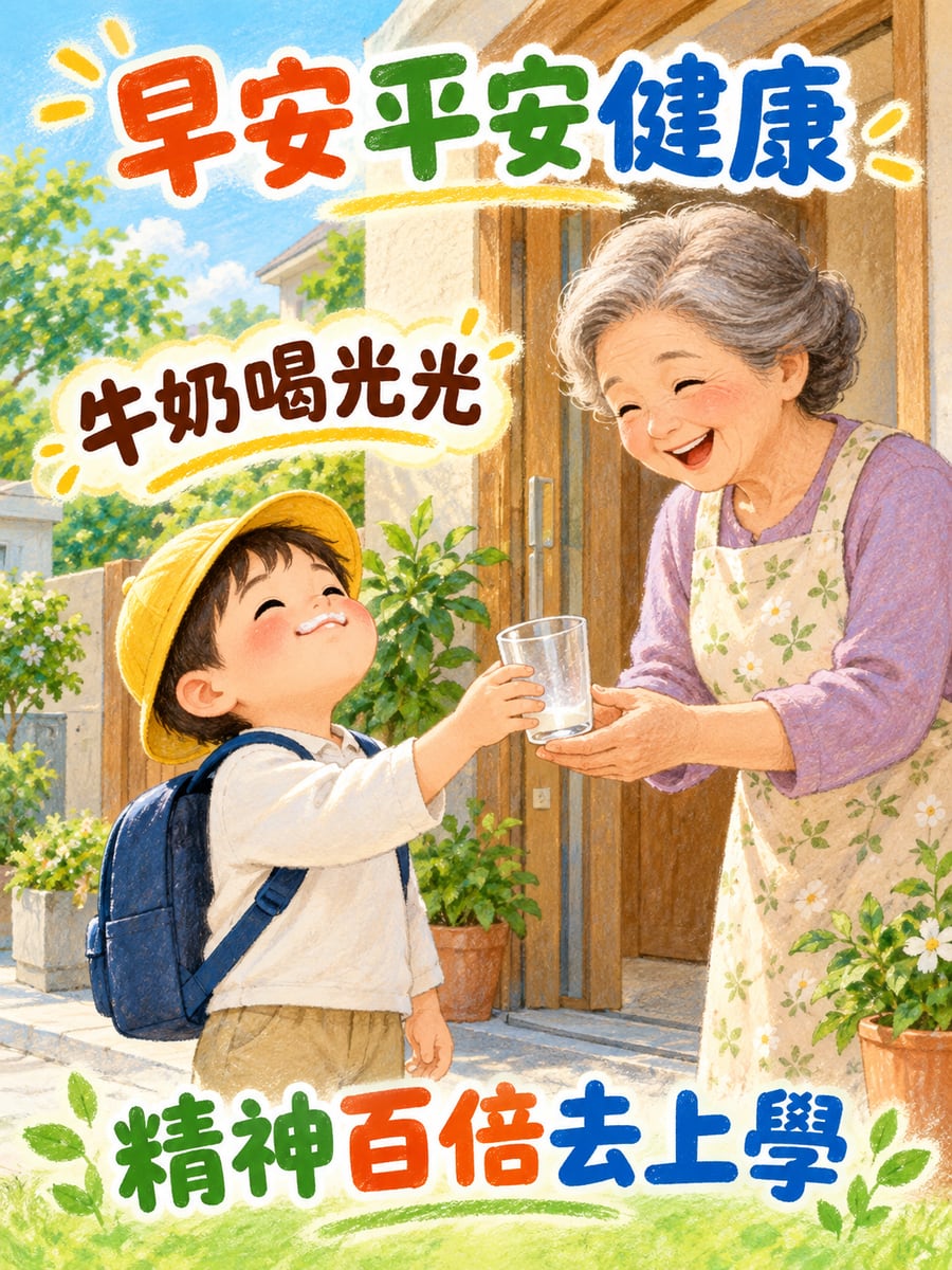 上學前喝牛奶。圖中文字：早安平安健康，牛奶喝光光，精神百倍去上學