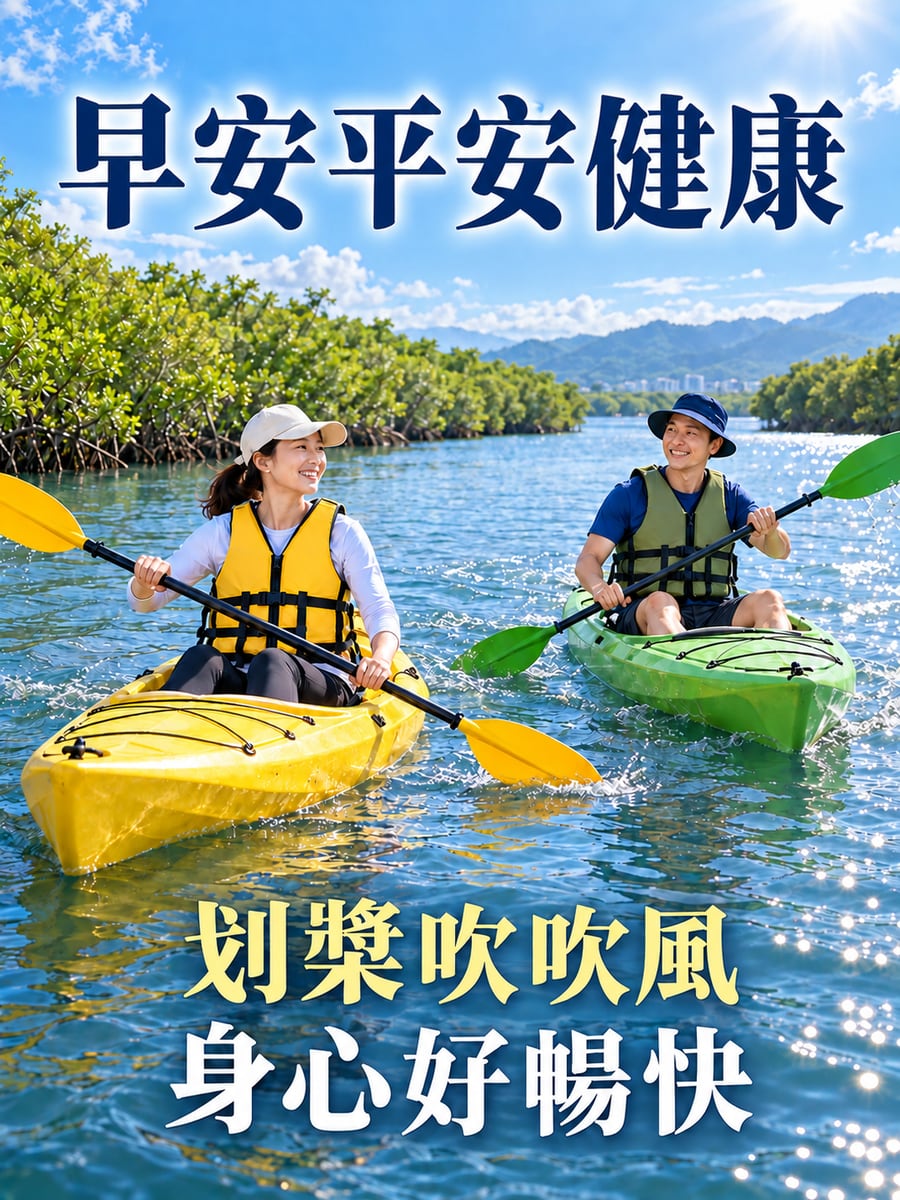好友划獨木舟。圖中文字：早安平安健康，划槳吹吹風，身心好暢快