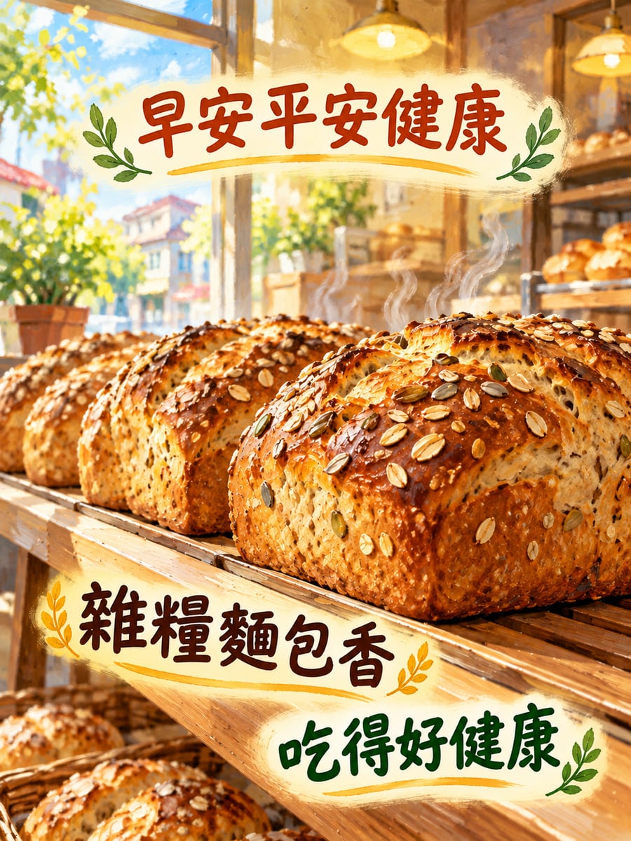 剛出爐的雜糧麵包。圖中文字：早安平安健康，雜糧麵包香，吃得好健康