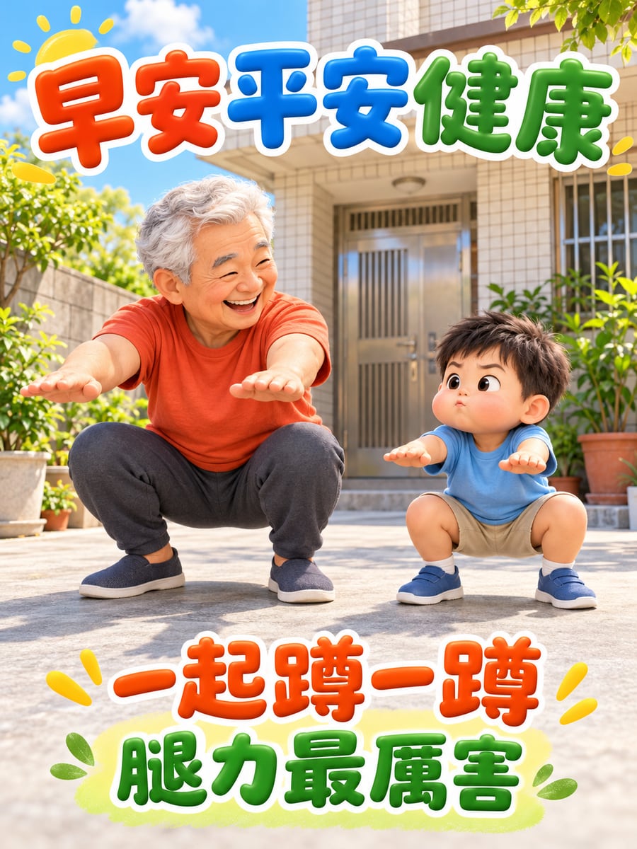 祖孫比賽深蹲。圖中文字：早安平安健康，一起蹲一蹲，腿力最厲害