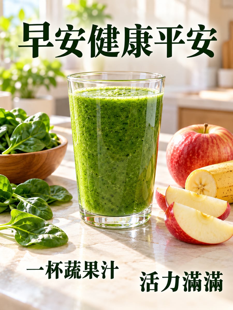 一杯蔬果汁。圖中文字：早安健康平安，一杯蔬果汁，活力滿滿