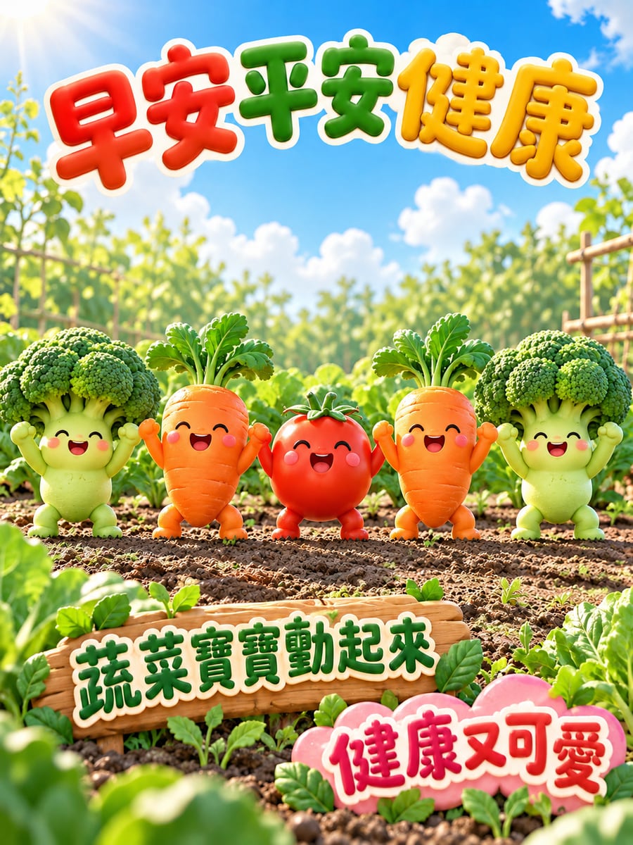花椰菜寶寶做體操。圖中文字：早安平安健康，蔬菜寶寶動起來，健康又可愛
