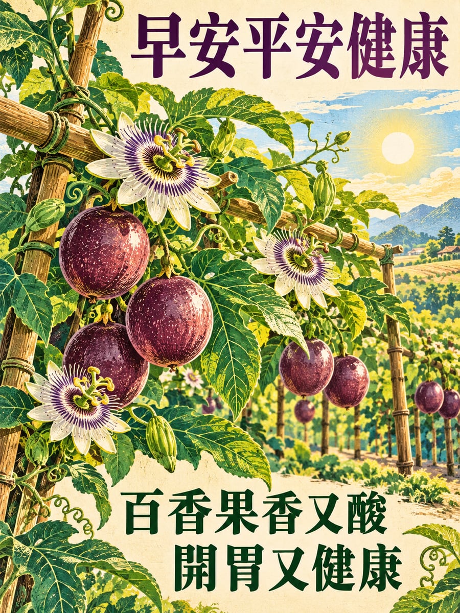 百香果藤。圖中文字：早安平安健康，百香果香又酸，開胃又健康