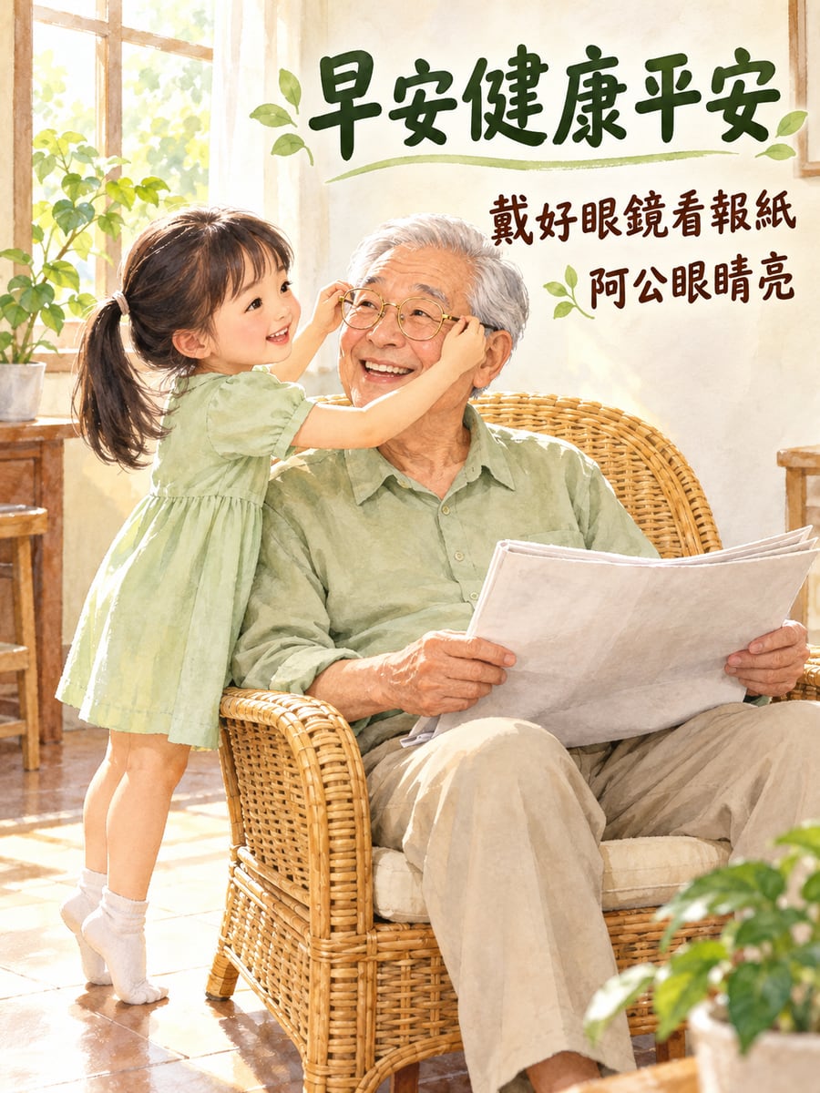 孫女幫阿公戴眼鏡。圖中文字：早安健康平安，戴好眼鏡看報紙，阿公眼睛亮