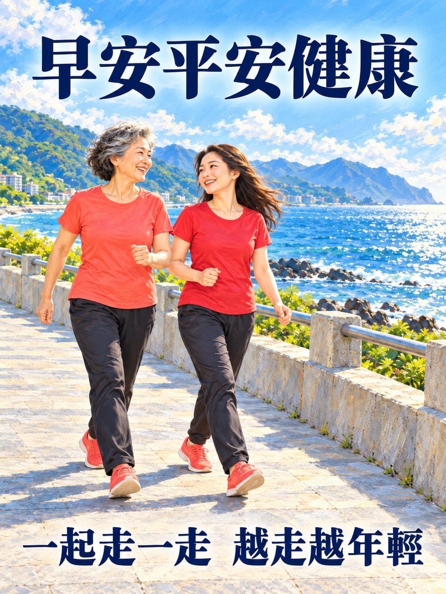 母女海堤快走。圖中文字：早安平安健康，一起走一走，越走越年輕