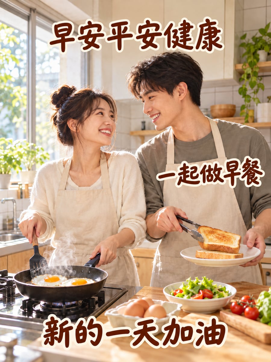 小夫妻做早餐。圖中文字：早安平安健康，一起做早餐，新的一天加油