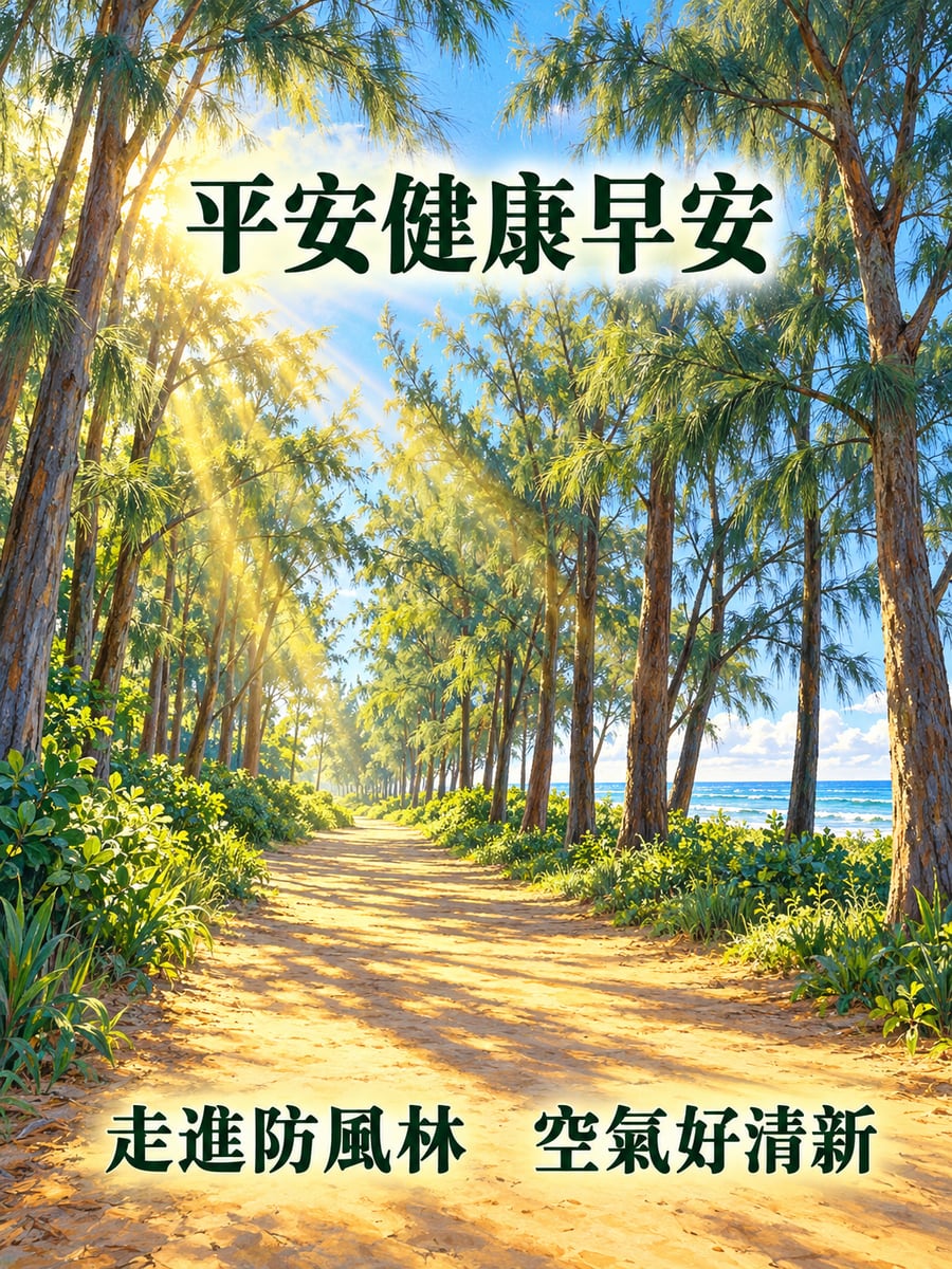 走進防風林。圖中文字：平安健康早安，走進防風林，空氣好清新