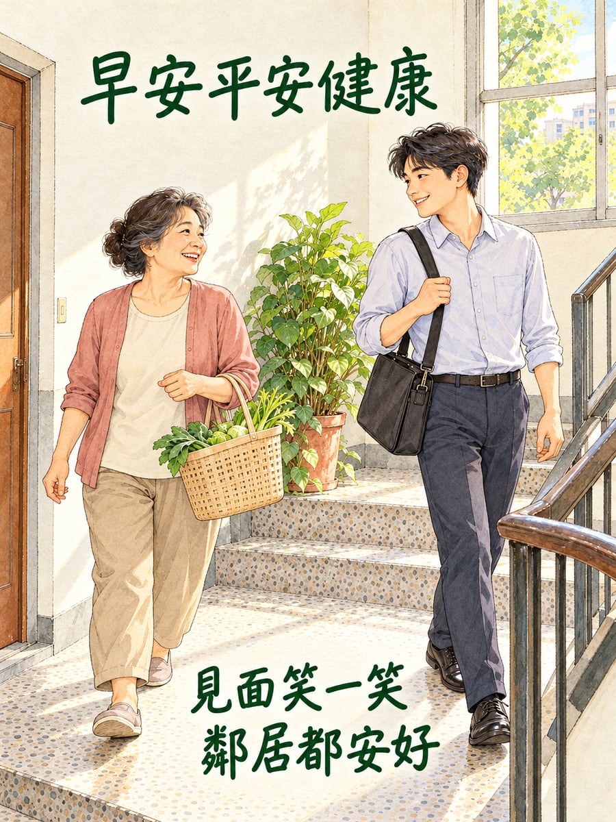 鄰居樓梯間打招呼。圖中文字：早安平安健康，見面笑一笑，鄰居都安好
