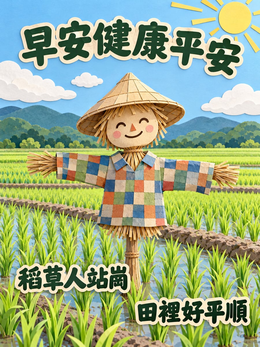 稻草人站崗。圖中文字：早安健康平安，稻草人站崗，田裡好平順