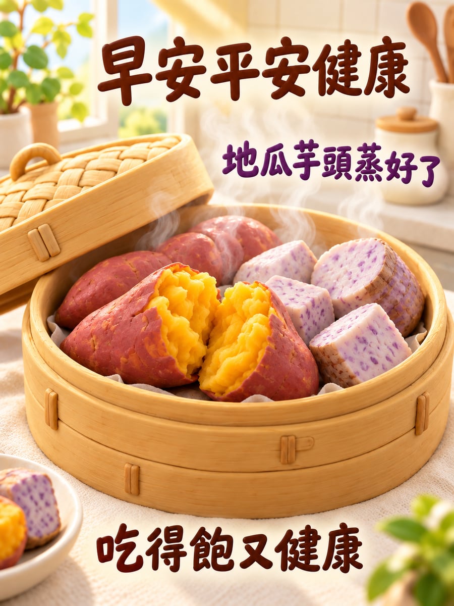 一籠蒸地瓜芋頭。圖中文字：早安平安健康，地瓜芋頭蒸好了，吃得飽又健康