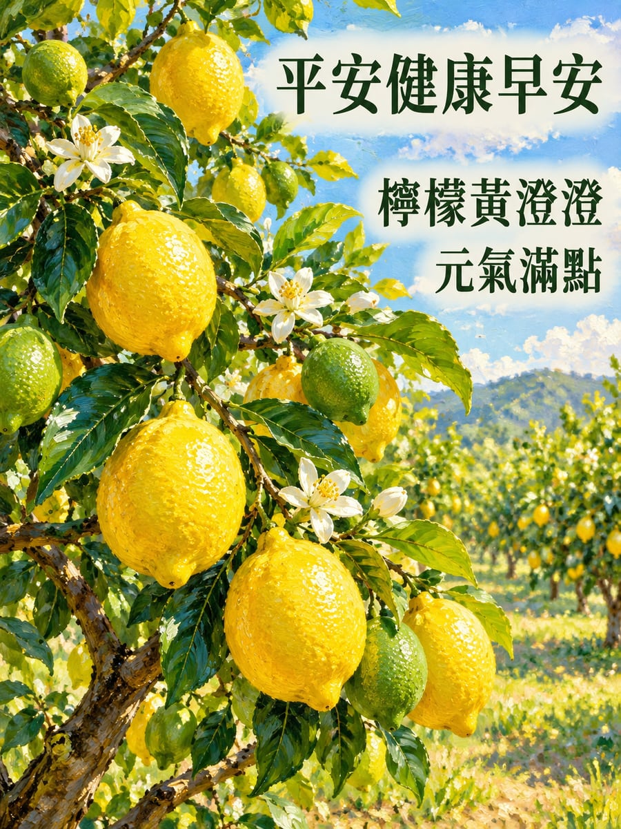 檸檬結滿樹。圖中文字：平安健康早安，檸檬黃澄澄，元氣滿點