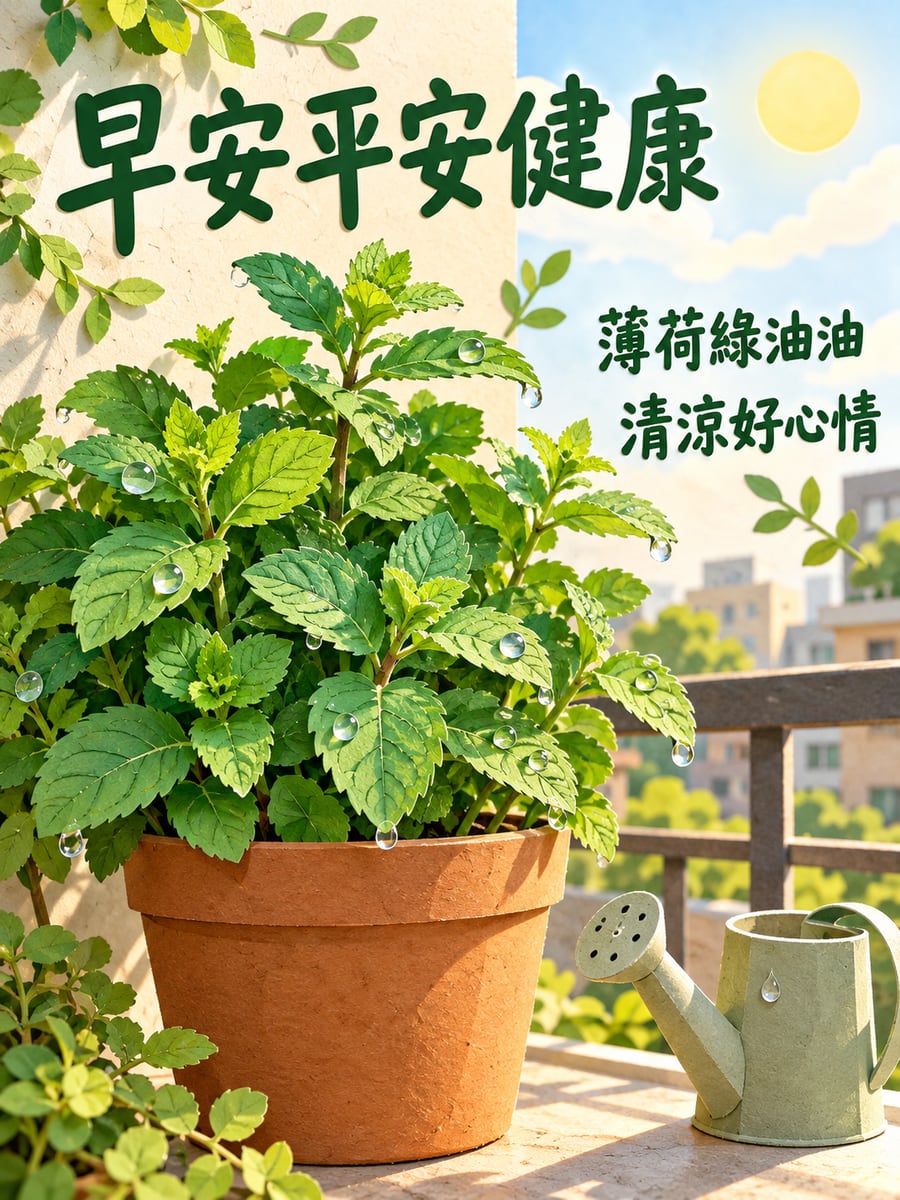 一盆薄荷。圖中文字：早安平安健康，薄荷綠油油，清涼好心情