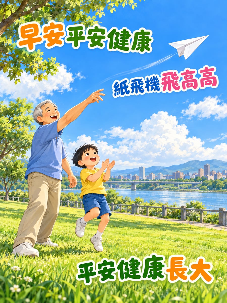 和爺爺射紙飛機。圖中文字：早安平安健康，紙飛機飛高高，平安健康長大
