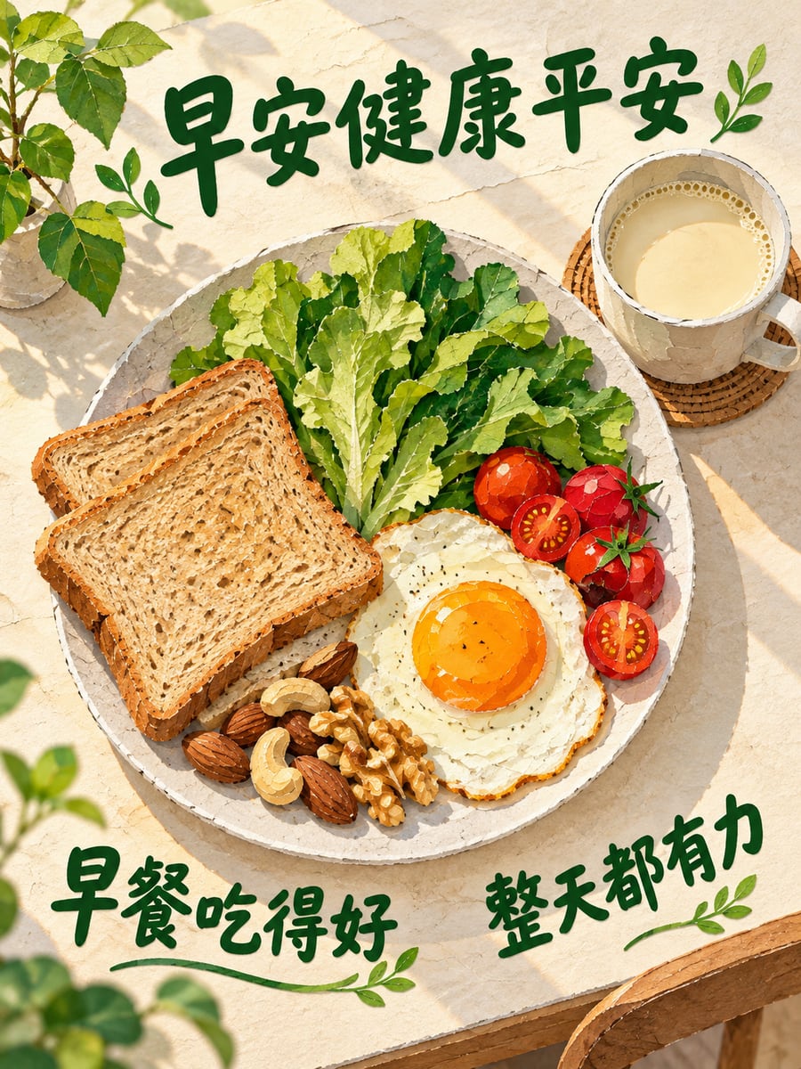 營養早餐盤。圖中文字：早安健康平安，早餐吃得好，整天都有力