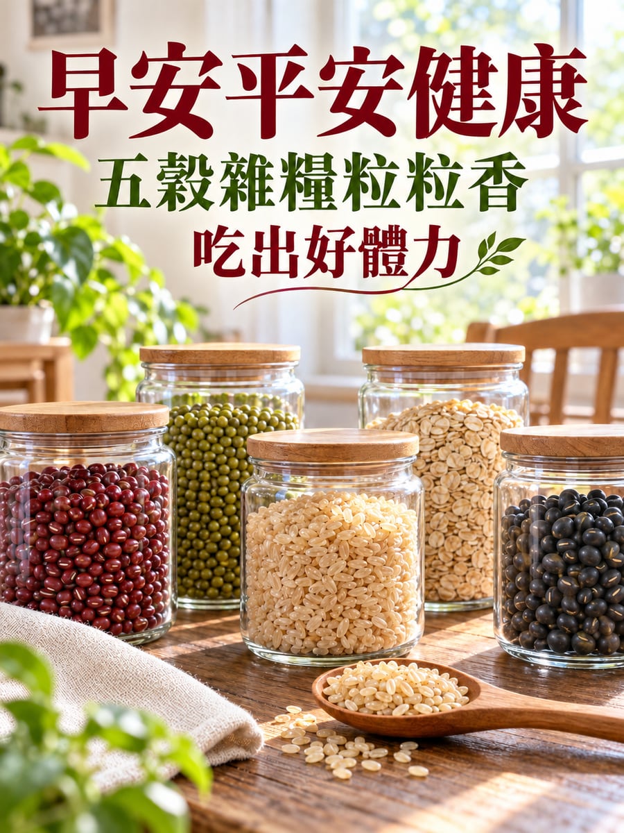 五穀雜糧。圖中文字：早安平安健康，五穀雜糧粒粒香，吃出好體力