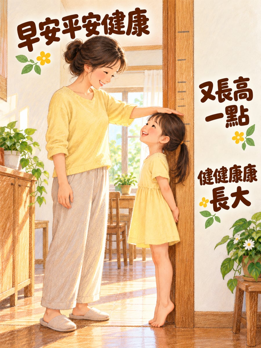 門框量身高。圖中文字：早安平安健康，又長高一點，健健康康長大