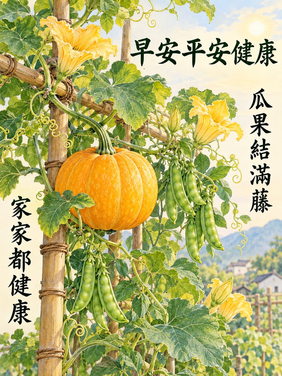 瓜果結滿藤。圖中文字：早安平安健康，瓜果結滿藤，家家都健康