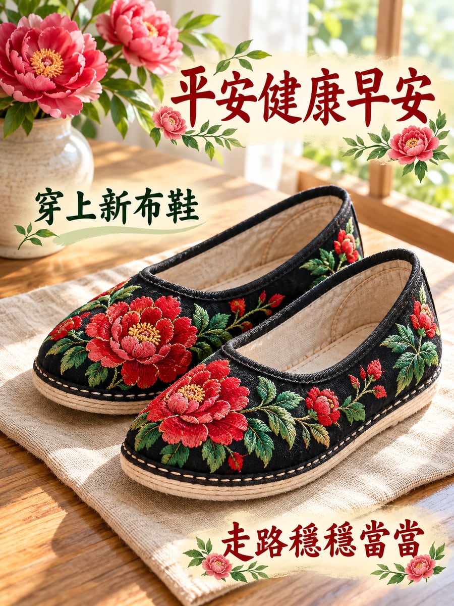 阿嬤做的繡花布鞋。圖中文字：平安健康早安，穿上新布鞋，走路穩穩當當