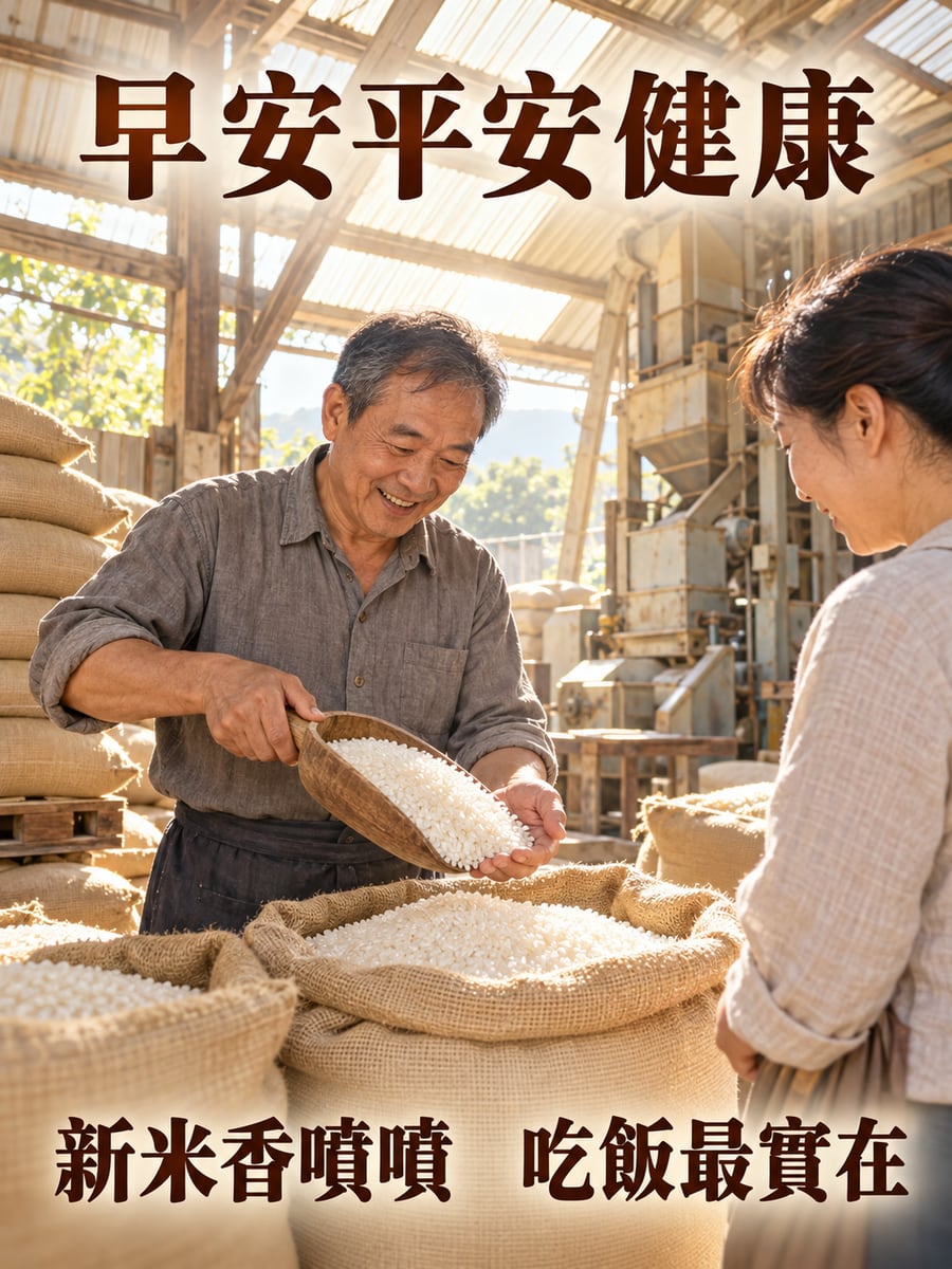 碾米廠的新米。圖中文字：早安平安健康，新米香噴噴，吃飯最實在