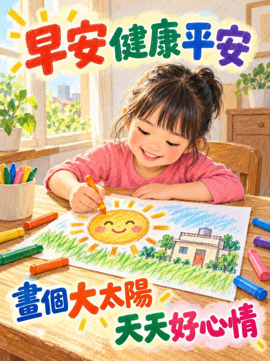 小朋友畫太陽。圖中文字：早安健康平安，畫個大太陽，天天好心情