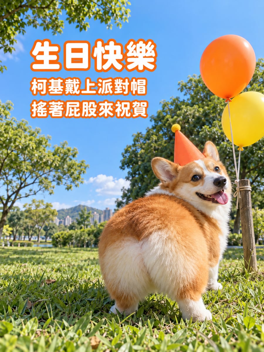柯基戴派對帽。圖中文字：生日快樂，柯基戴上派對帽，搖著屁股來祝賀