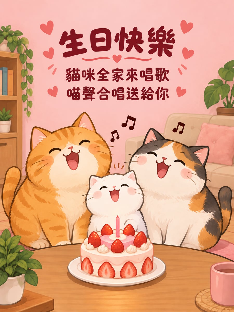 貓咪一家來唱歌。圖中文字：生日快樂，貓咪全家來唱歌，喵聲合唱送給你