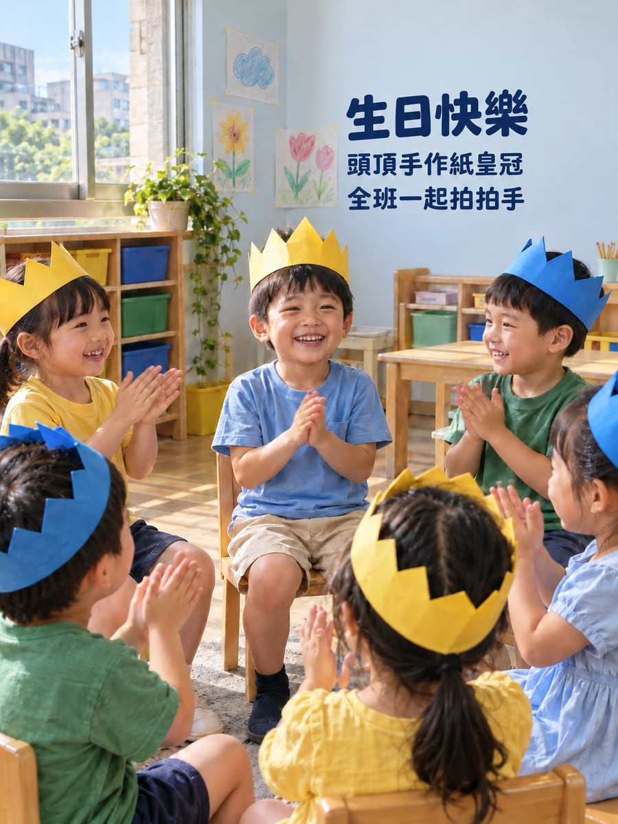 幼兒園紙皇冠。圖中文字：生日快樂，頭頂手作紙皇冠，全班一起拍拍手