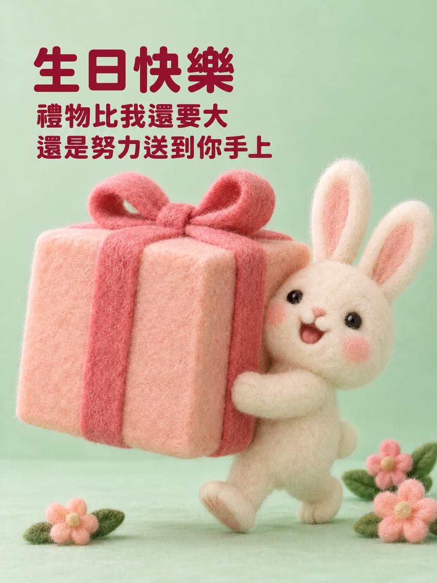 羊毛氈兔子送禮。圖中文字：生日快樂，禮物比我還要大，還是努力送到你手上