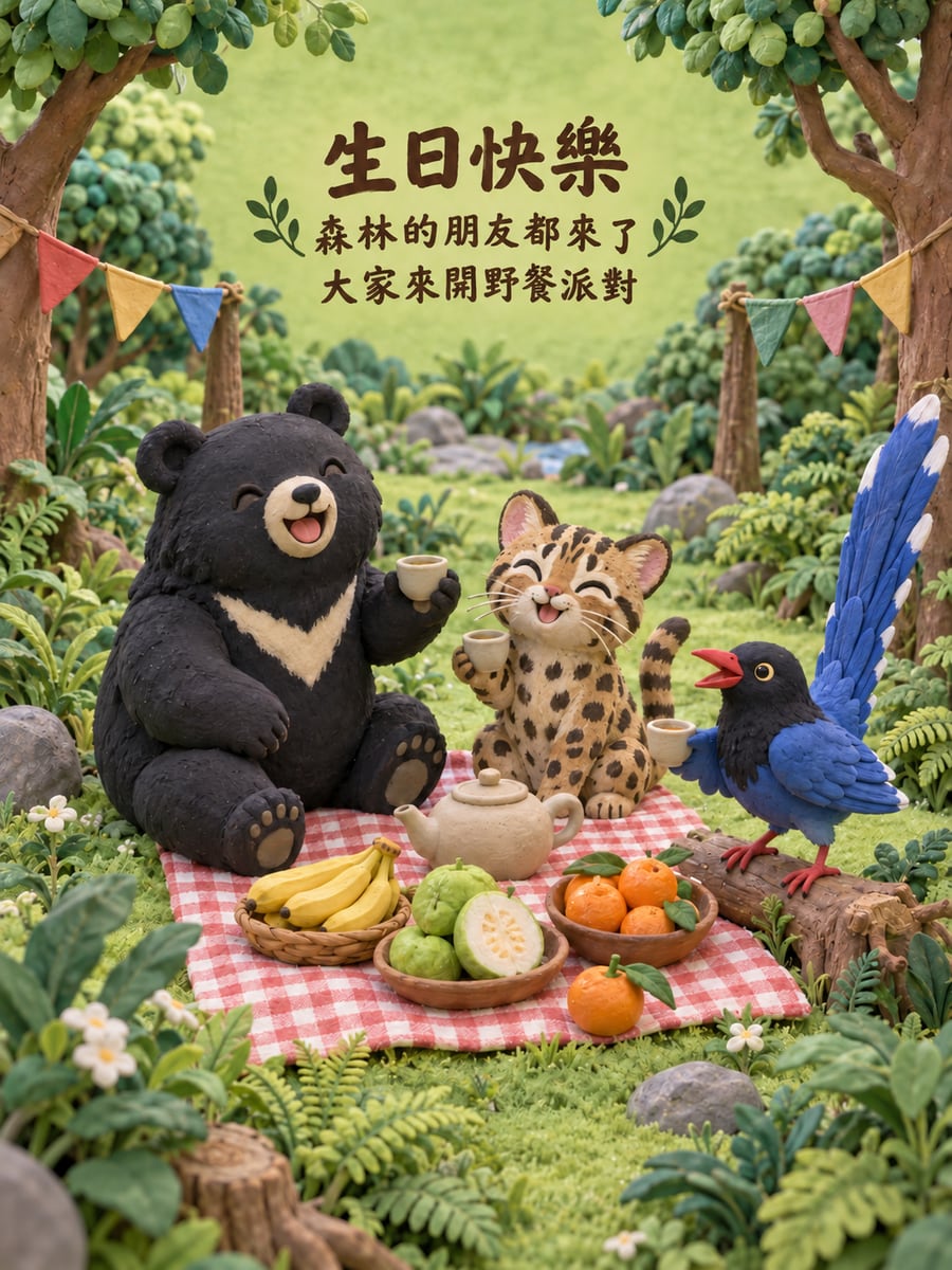 森林朋友來野餐。圖中文字：生日快樂，森林的朋友都來了，大家來開野餐派對