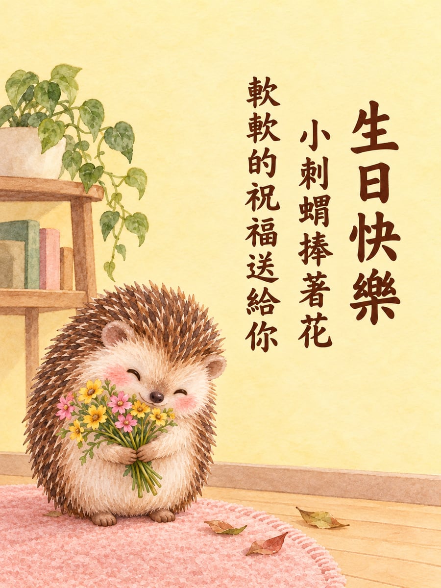 小刺蝟捧花。圖中文字：生日快樂，小刺蝟捧著花，軟軟的祝福送給你