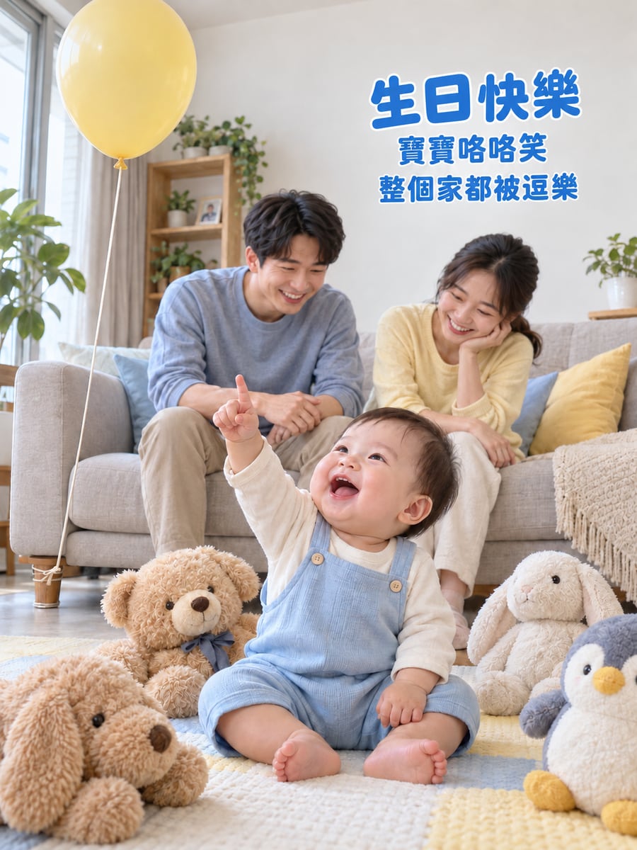 寶寶咯咯笑。圖中文字：生日快樂，寶寶咯咯笑，整個家都被逗樂